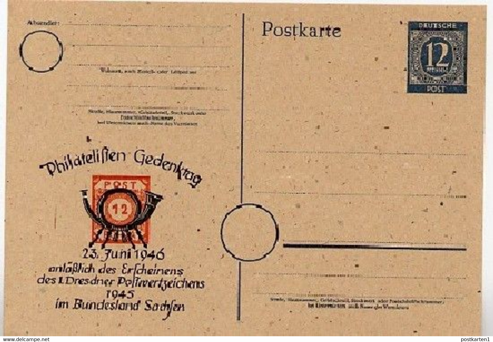 P954 ZC Postkarte Zudruck  PHILATELISTEN GEDENKTAG  Dresden 1946  Kat. 10,00 € - Interi Postali