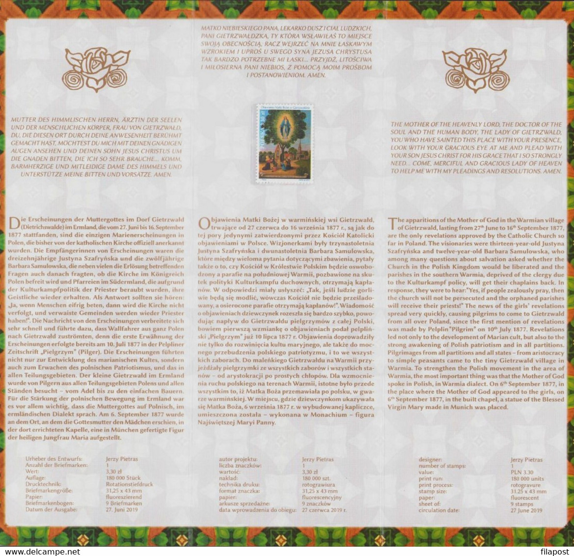 POLAND 2019 Souvenir Booklet - Apparitions Of The Mother Of God In Gietrzwald, Marian Sanctuary, Chapel, Stamp MNH** FV - Postzegelboekjes