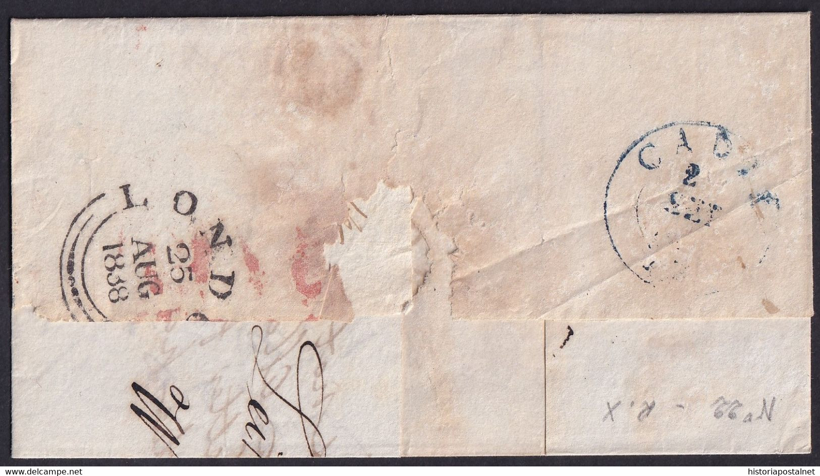 1838. LEITH A CÁDIZ. FORWARDING LETTER. FECHADOR CIRCULAR. TRÁNSITO DORSO. 11 REALES. MARCA PAID. MUY INTERESANTE. - ...-1840 Voorlopers