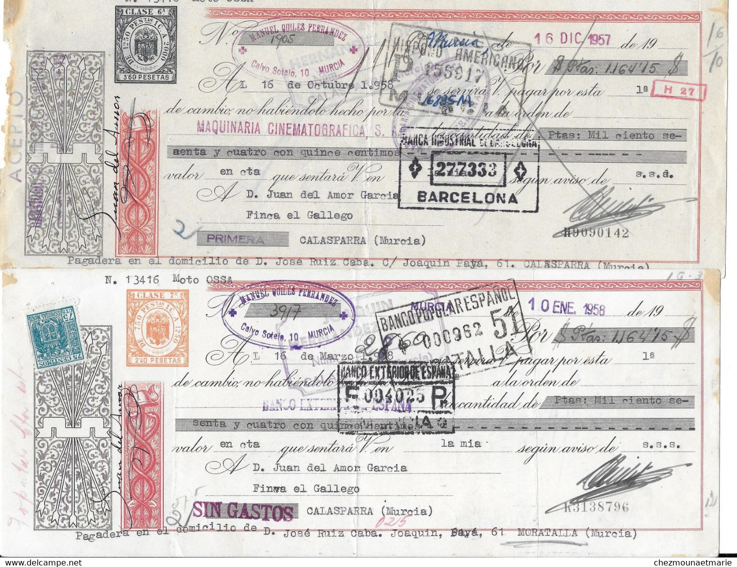 1957 1958 CALASPARRA MURCIA ESPAGNE - JUAN DEL AMOR GARICIA - MAQUINARIA CINEMATOGRAFICA - LOT DE 6 CHEQUES? BILLETS - Cheques & Traveler's Cheques