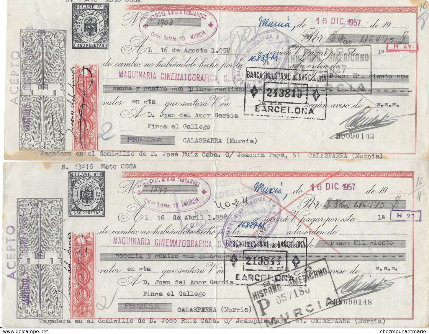 1957 1958 CALASPARRA MURCIA ESPAGNE - JUAN DEL AMOR GARICIA - MAQUINARIA CINEMATOGRAFICA - LOT DE 6 CHEQUES? BILLETS