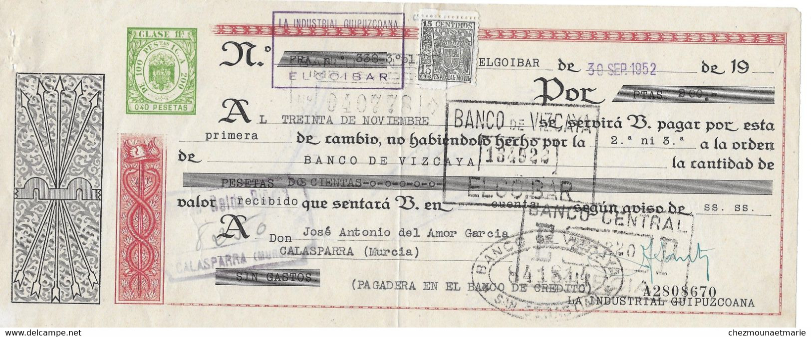 1952 CALASPARRA MURCIA ESPAGNE - JOSE ANTONIO DEL AMOR GARCIA - CHEQUES BILLET - Cheques & Traveler's Cheques