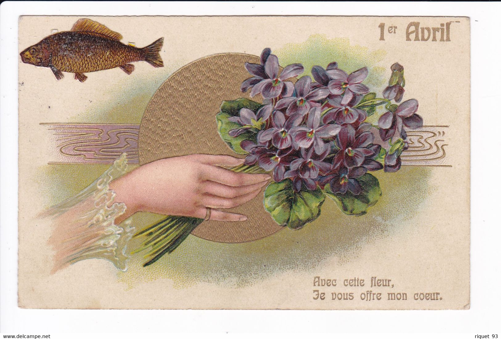 Carte Embossée 1er Avril - Poisson Ajouté En Découpis Et Main Tenant Bouquet De Violettes "Avec Cette Fleur, Je Vous Off - Sonstige & Ohne Zuordnung