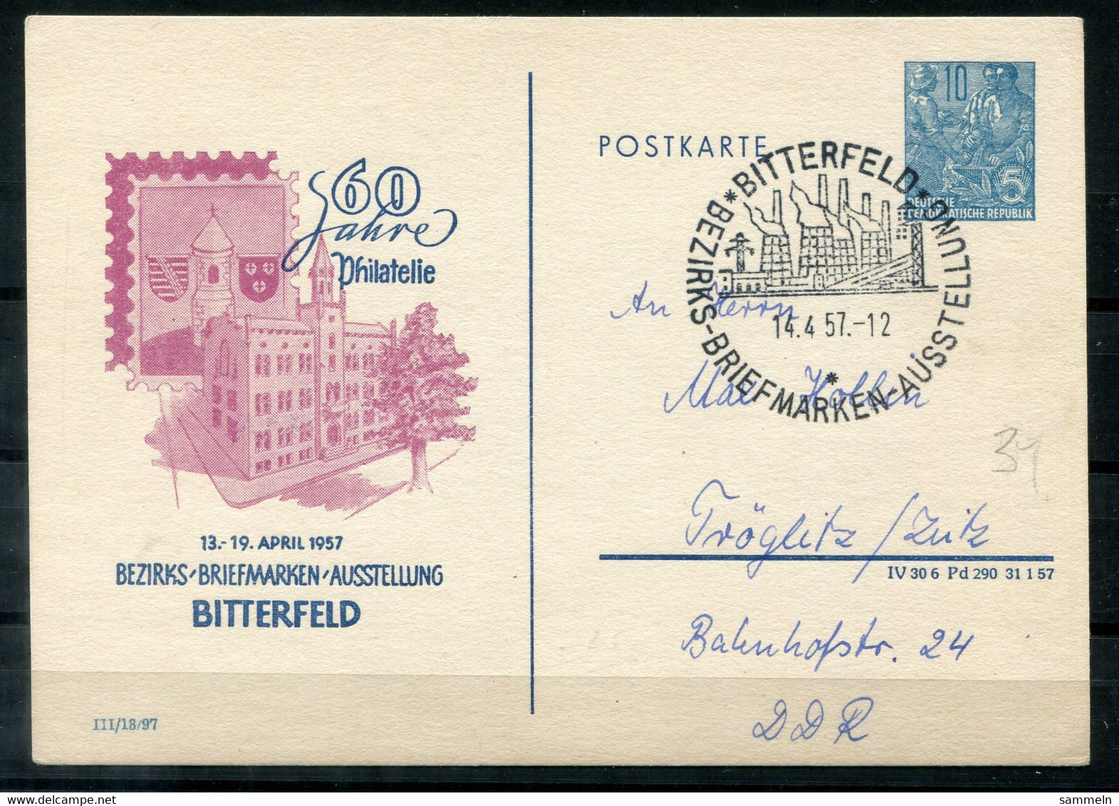 F0970 - DDR - Privat-Ganzsache Bezirks-Briefmarken-Ausstellung Bitterfeld (entspr.Sonderstempel) Nach Tröglitz - Privatpostkarten - Gebraucht