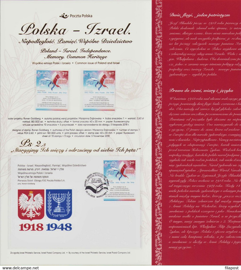 2018 Poland - Israel Joint Issue Booklet Mi 5034 Flag Independence / Memory Common Heritage, FDC + 2 Stamps MNH** FV - Postzegelboekjes
