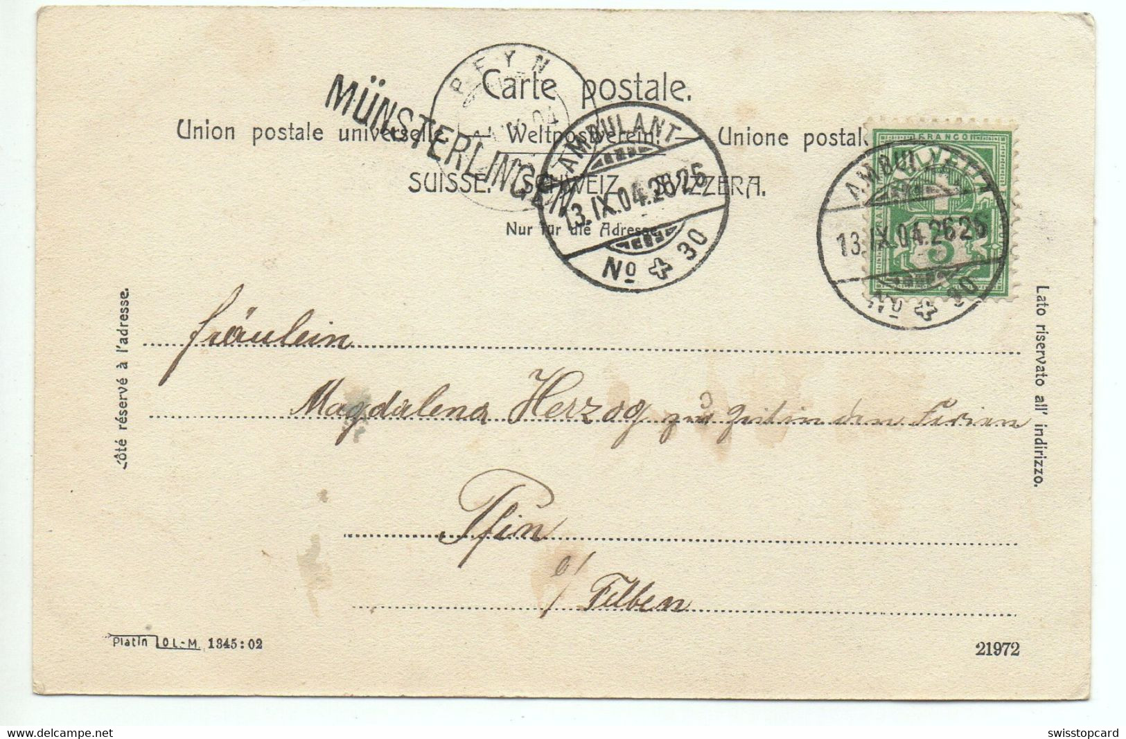 LITHO Gruss Aus SCHERZINGEN Wirtschaft Zur Post Gel. 1904 Ambulant Stabstempel MÜNSTERLINGEN - Münsterlingen