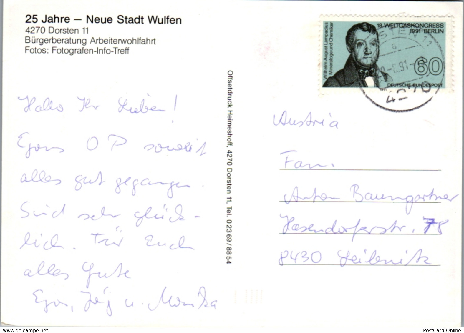 7259 - Deutschland - Wulfen , Bürgerberatung , Arbeiterwohlfahrt - Gelaufen 1991 - Dorsten