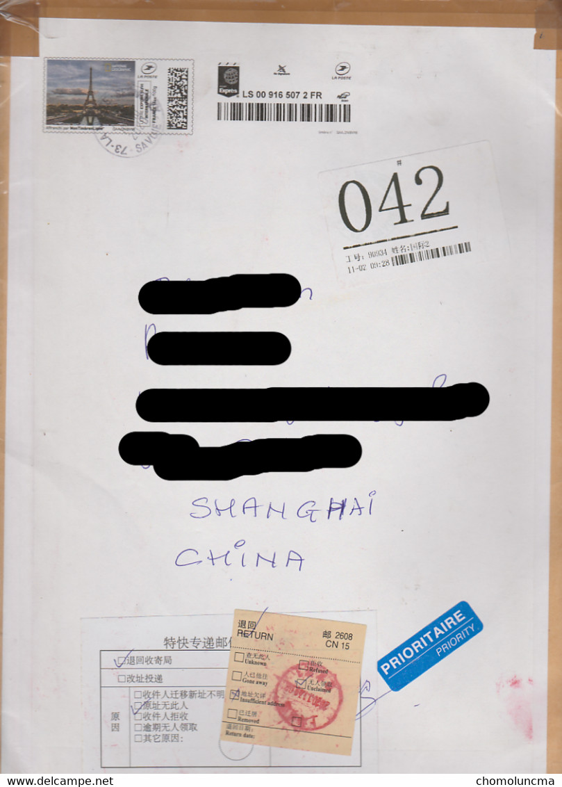 Retour Chine France Non Réclamé Adresse Insuffisante China RETURNED TO SENDER Unclaimed Insufficient Adress CN 15 - Gebruikt