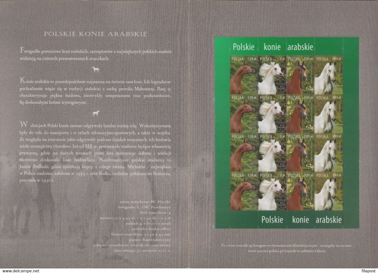 POLAND 2007 Souvenir Booklet / Polish Arabian Horses, Studs Champions, Animals, Exellent Racers / Full Sheet MNH**FV - Postzegelboekjes