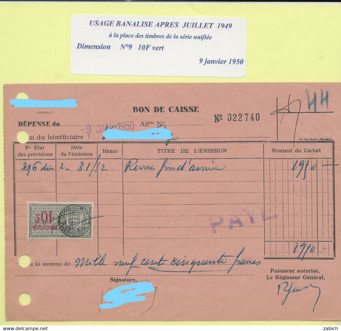 TIMBRES FISCAUX DE MONACO DIMENSION N°19  10F Vert   Usage Banalisé En 1950 - Steuermarken