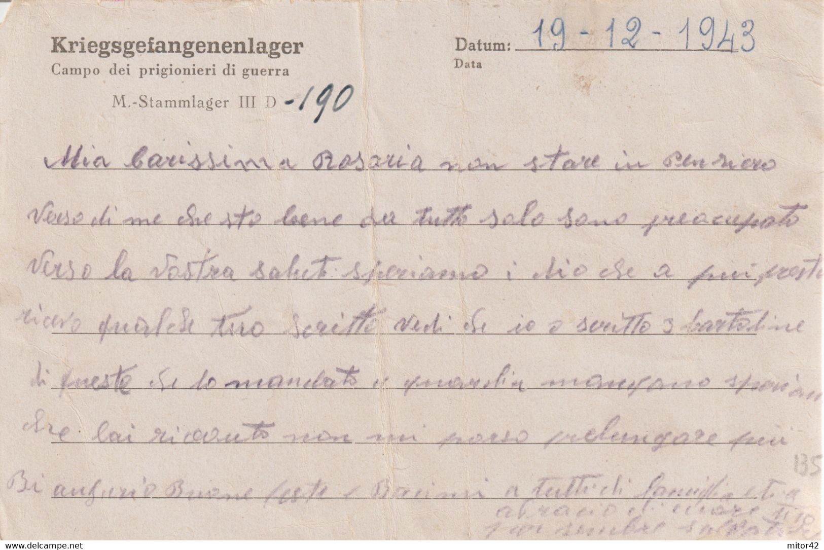 135*-Prigionieri Guerra Italiani  In Germania Dest.Sicilia Durante Amgot-Occupazione Alleata-4.1.44 - Anglo-american Occ.: Sicily