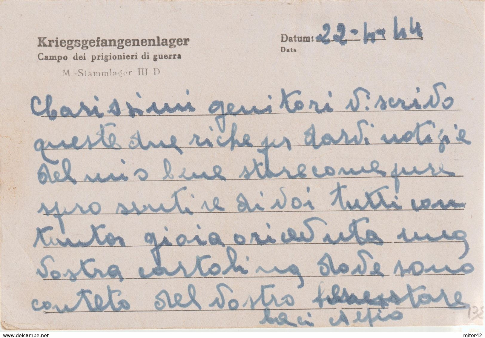 138*-Prigionieri Guerra Italiani  In Germania Dest.Sicilia Durante Amgot-Occupazione Alleata-22.4.44 - Ocu. Anglo-Americana: Sicilia