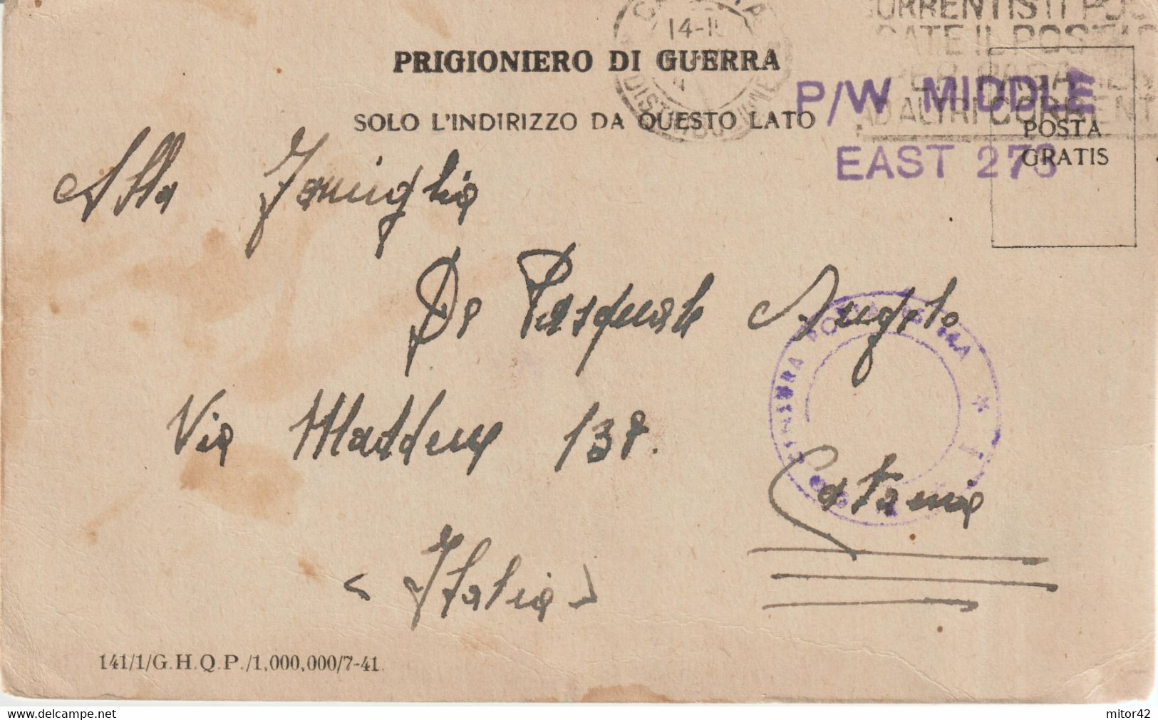 99*-Prigionieri Guerra Italiani-Chief P.O.W.Postal Centre Middle East-14.2.44 X Sicilia-Catania - Anglo-american Occ.: Sicily