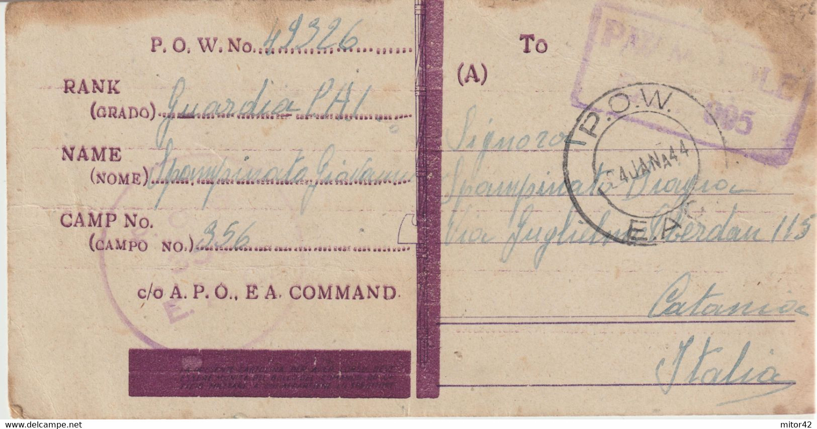 105*-Prigionieri Guerra Italiani- P.O.W-Est Africa Force Su INTERO POSTALE RITAGLIATO X Sicilia-Catania - Ocu. Anglo-Americana: Sicilia