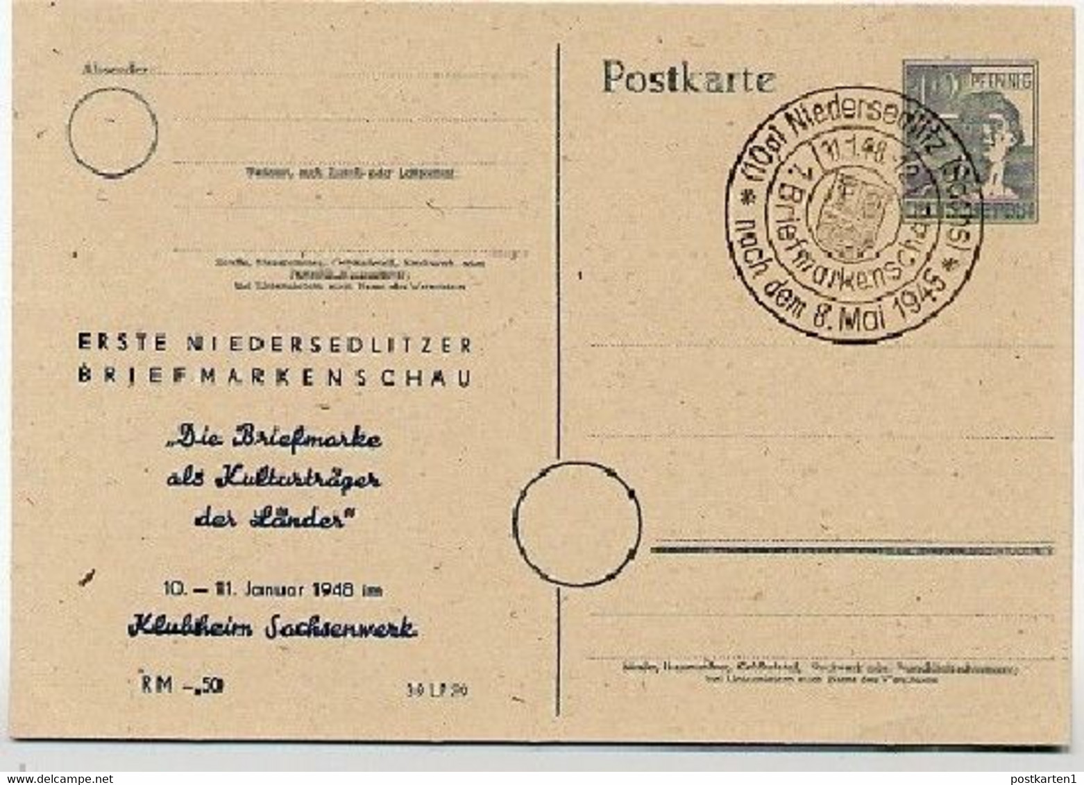 Postkarte P962 ZC/02 Zudruck Briefmarkenschau NIEDERSEDLITZ  Sost. 1948  Netto-Kat. 10,00 € - Enteros Postales