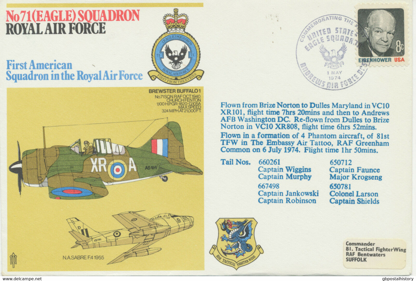 GB 1974 Special Flights Royal Air Force Flown Route „RAF BRIZE NORTON – DULLES - Briefe U. Dokumente