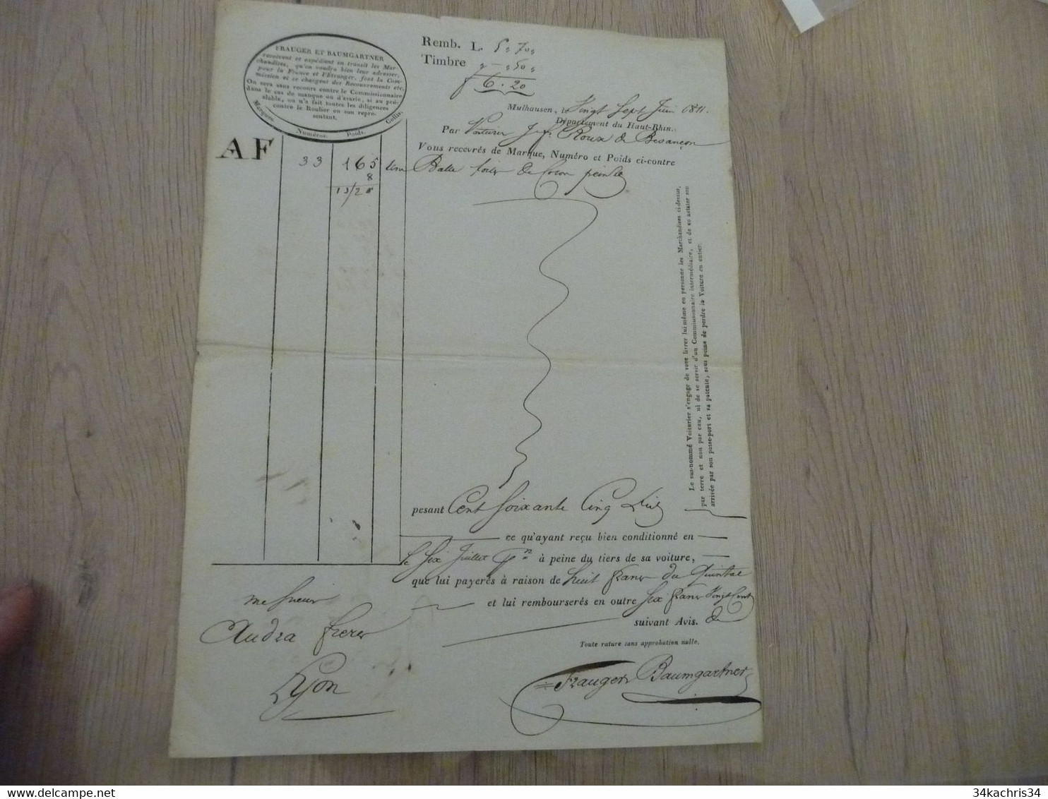 Roulage Feuille De Route Diligence  Frauger Baumgartner Mulhouse à Lyon 1811 - Transporte