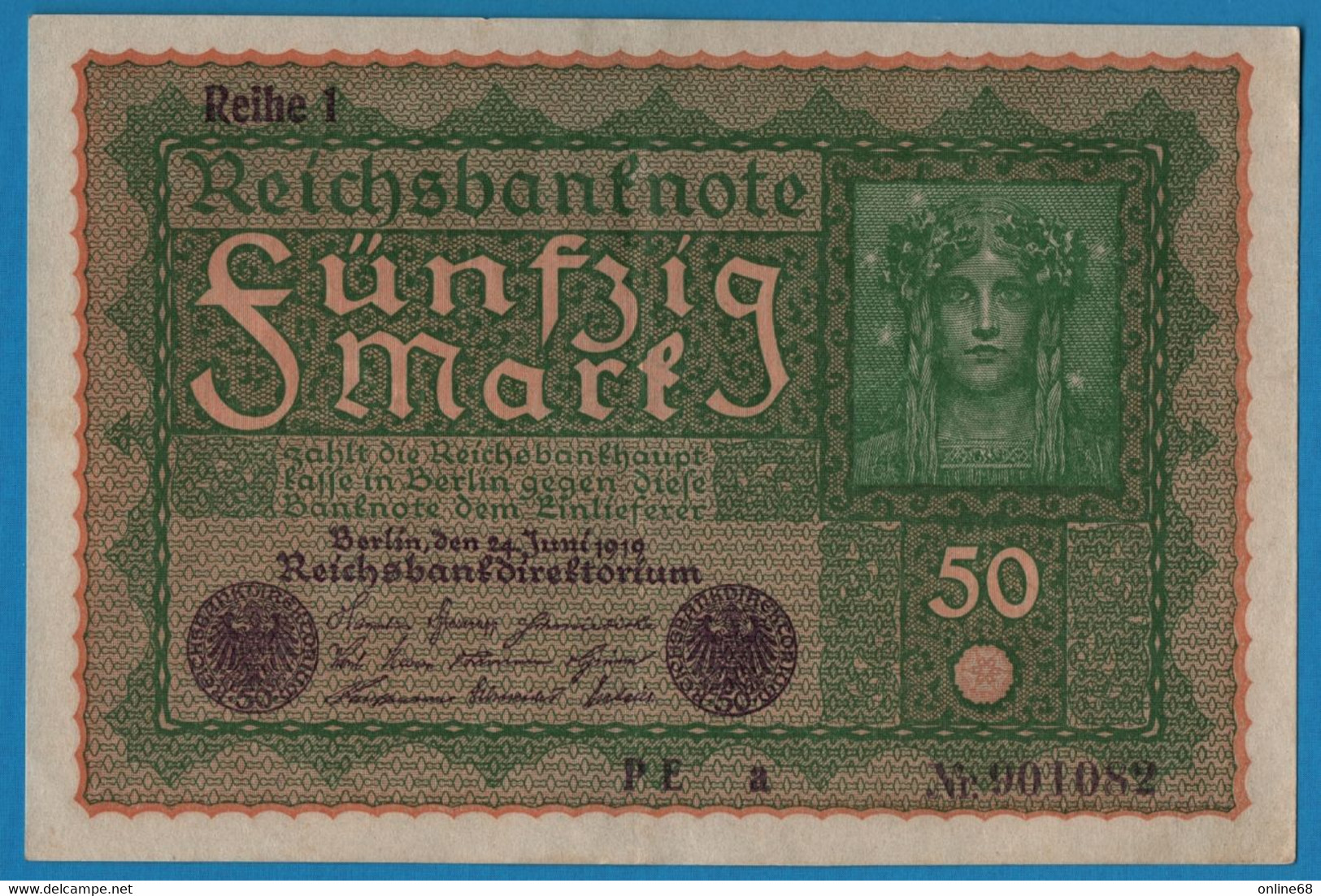 DEUTSCHES REICH 50 Mark  24.06.1919 Série PE A # 901082  P# 66 Reihe 1 - 50 Mark