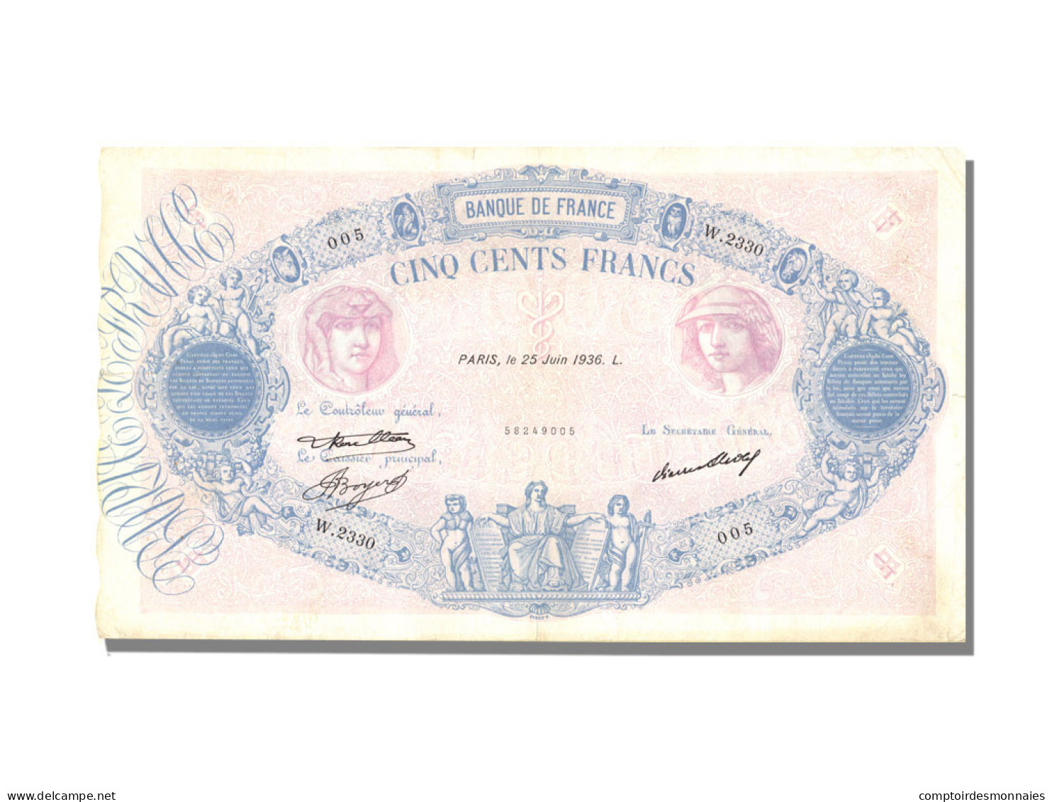 Billet, France, 500 Francs, 500 F 1888-1940 ''Bleu Et Rose'', 1936, 1936-06-25 - 500 F 1888-1940 ''Bleu Et Rose''