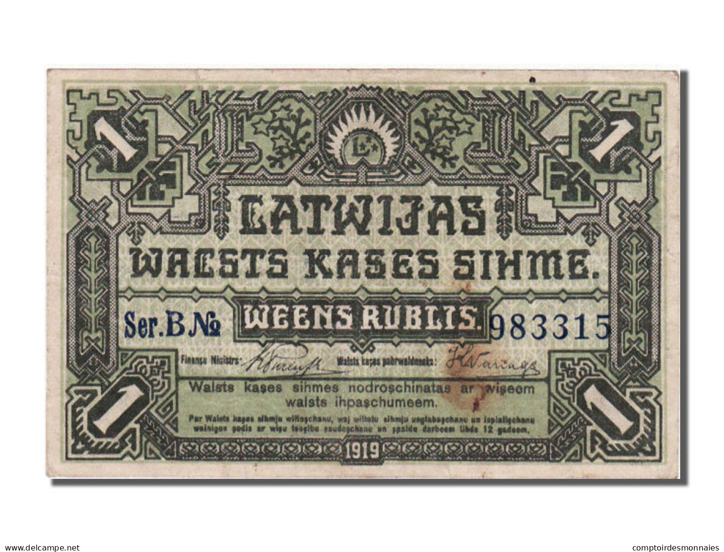 Billet, Latvia, 1 Rublis, 1919, SUP - Letland