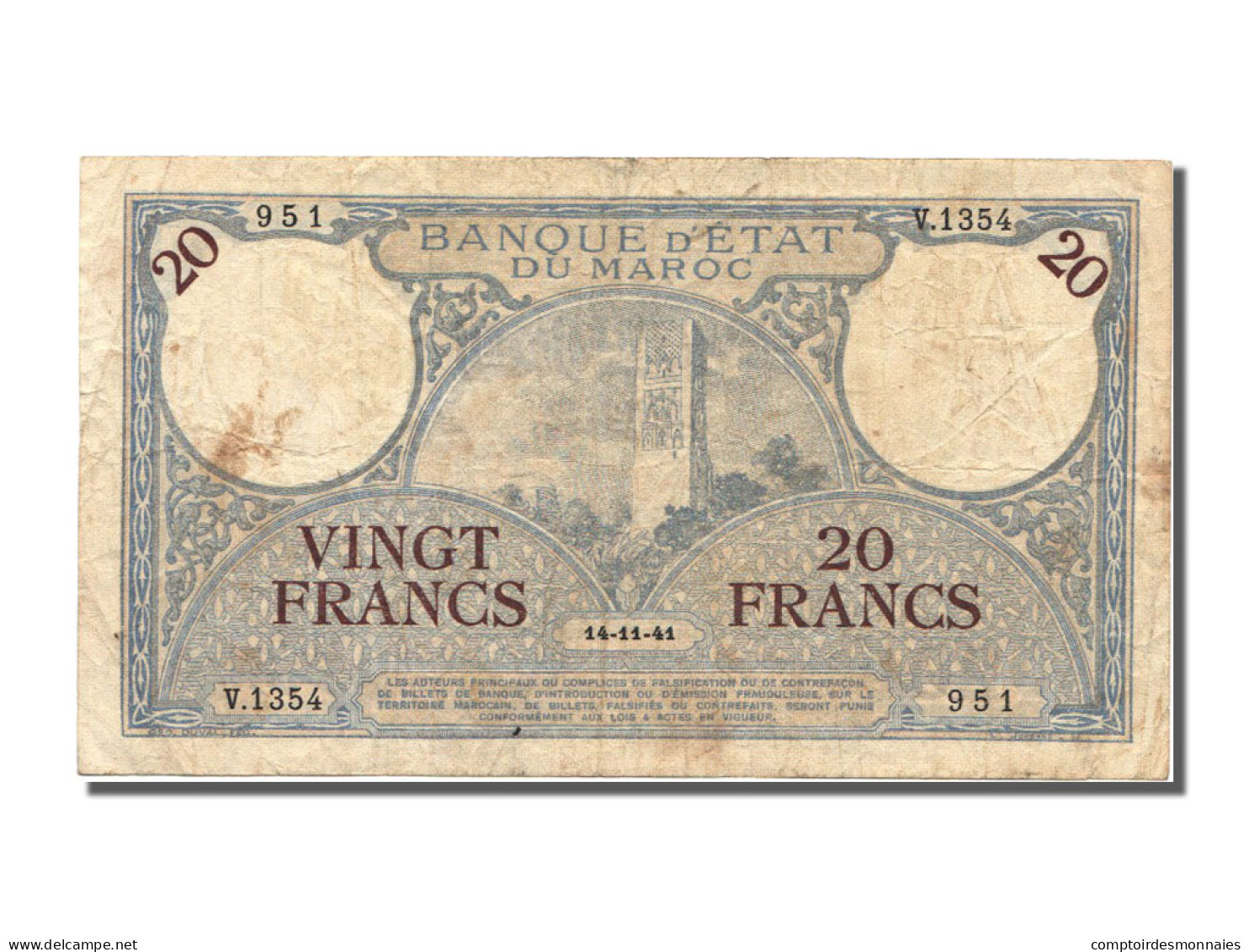 Billet, Maroc, 20 Francs, 1941, 1941-11-14, TTB - Morocco