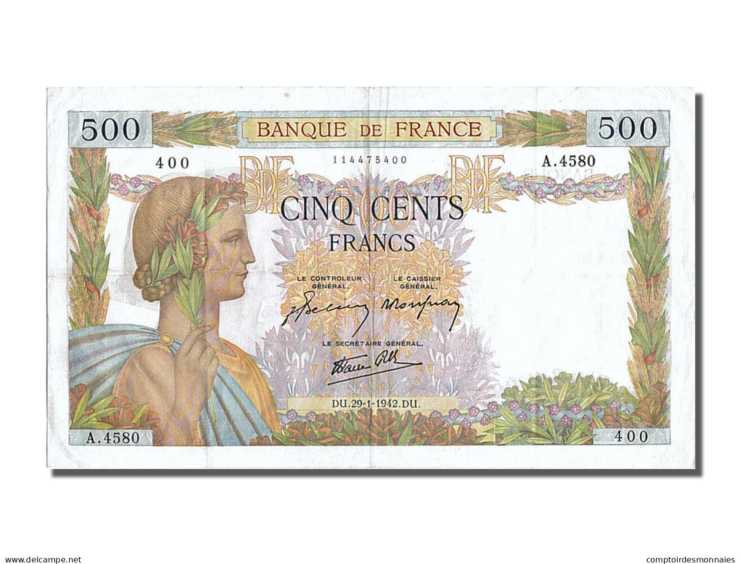 Billet, France, 500 Francs, 500 F 1940-1944 ''La Paix'', 1942, 1942-01-29, SUP - 500 F 1940-1944 ''La Paix''