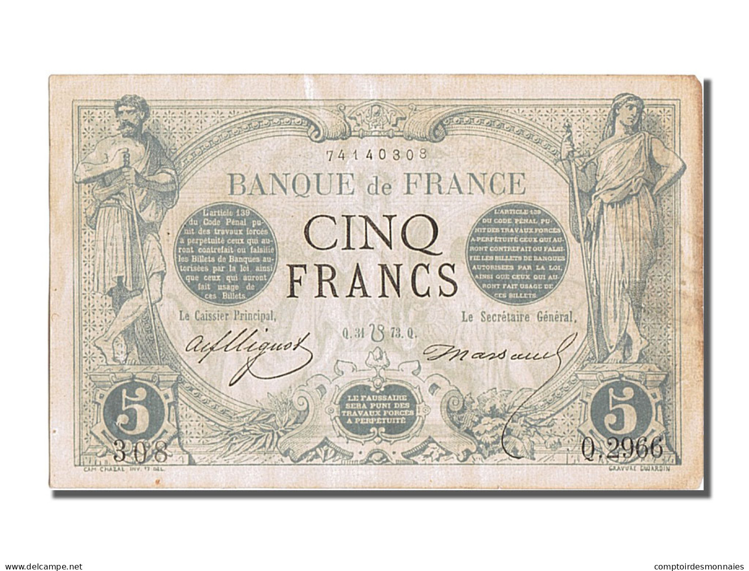 Billet, France, 5 Francs, 5 F 1871-1874 ''Noir'', 1873, 1873-07-31, SUP+ - 5 F 1871-1874 ''Noir''