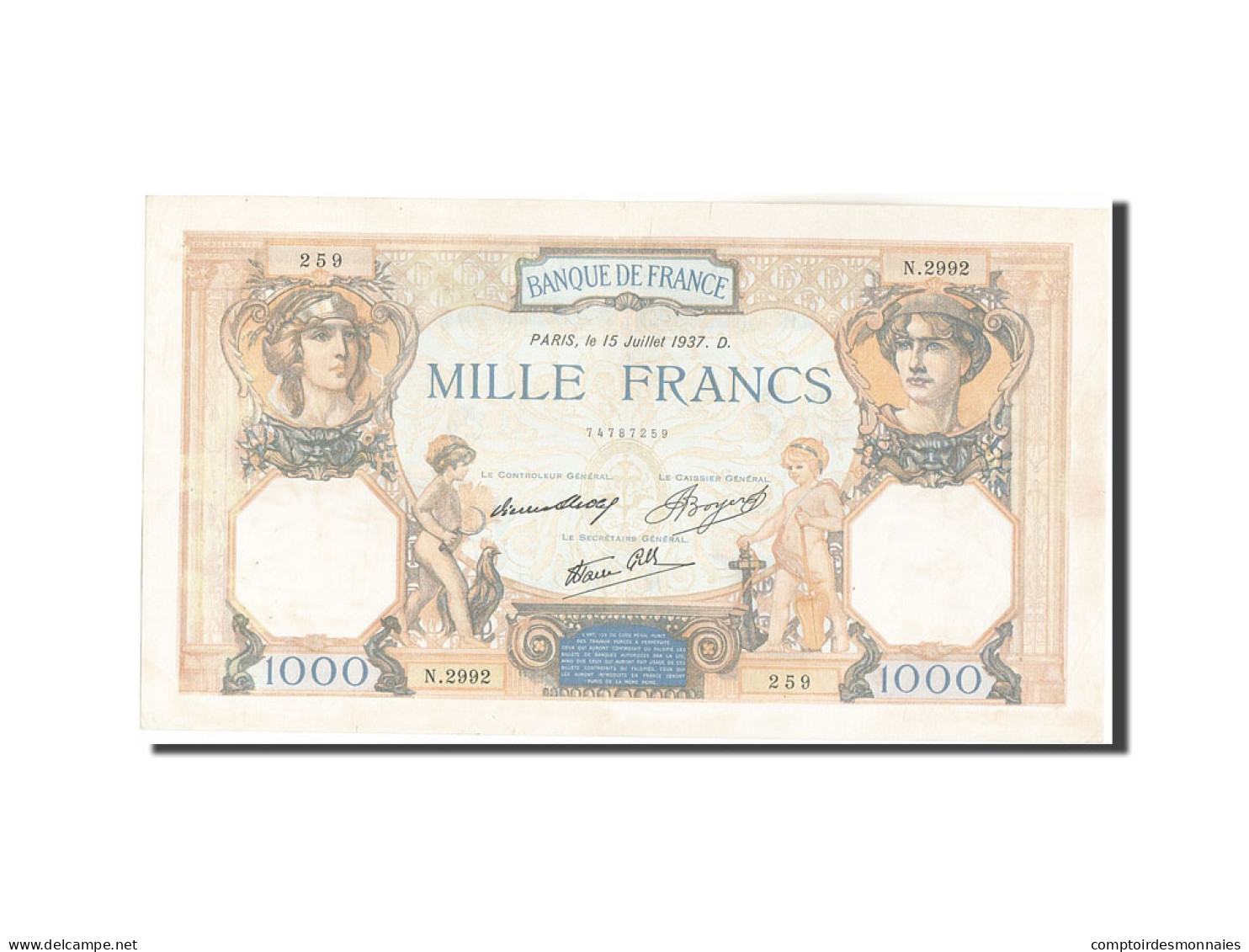 Billet, France, 1000 Francs, 1 000 F 1927-1940 ''Cérès Et Mercure'', 1937 - 1 000 F 1927-1940 ''Cérès Et Mercure''