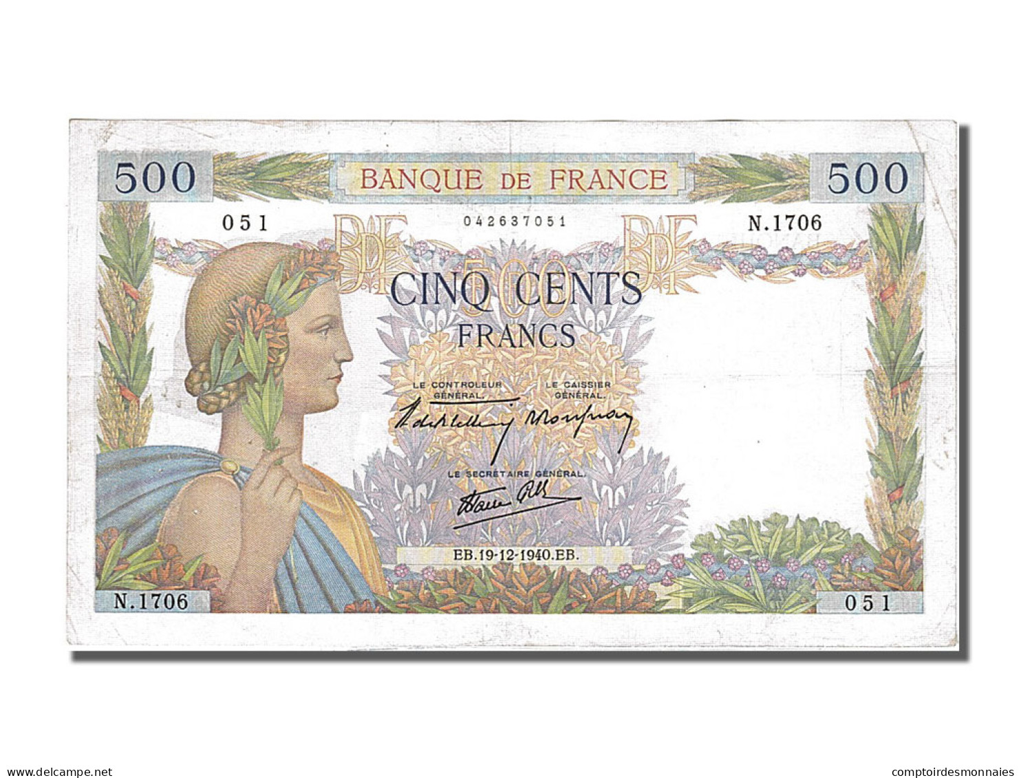 Billet, France, 500 Francs, 500 F 1940-1944 ''La Paix'', 1940, 1940-12-19, TTB+ - 500 F 1940-1944 ''La Paix''