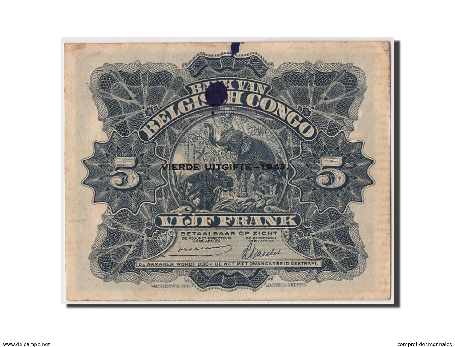 Billet, Congo Belge, 5 Francs, 1943, 1943-08-10, TTB - Banco De Congo Belga