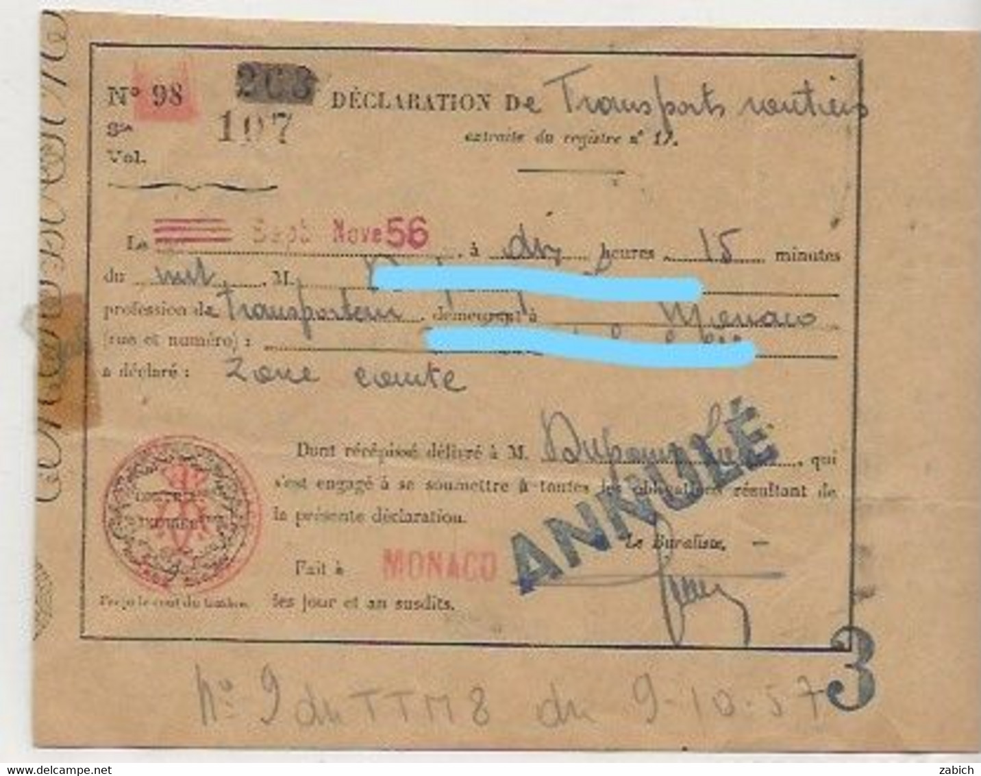 TIMBRES FISCAUX DE MONACO DECLARATON De TRANSPORTS PETIT TMBRE FISCAL à L'extraordinaire RAINIER III 1956 - Steuermarken