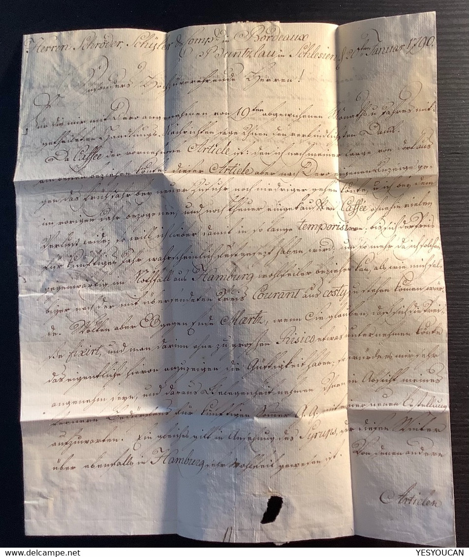 "HAMBURG" 1790 Brief Bunzlau Schlesien (Preussen)>Schroeder Schuyler Bordeaux France(lettre Transit Post Frankreich - Vorphilatelie
