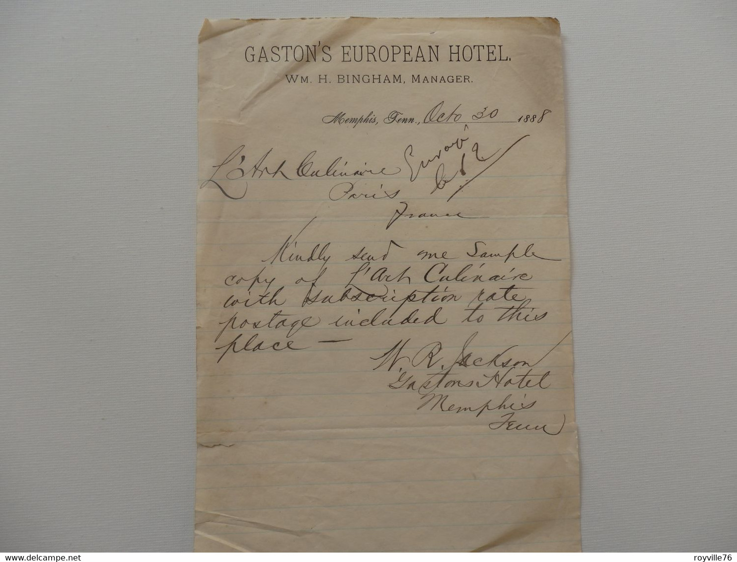 Lettre Gaston's European Hôtel WM. H. Bingham, Manager à Memphis Tennissi. - Estados Unidos