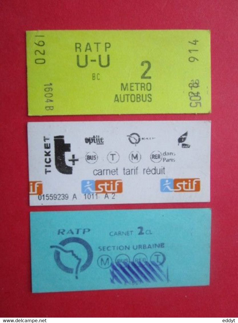 3 TICKETS Métro Autobus RATP SNCF - PARIS - 2° Classe - DIVERS - Couleur Blanc/Bleu/Jaune - TBE - World