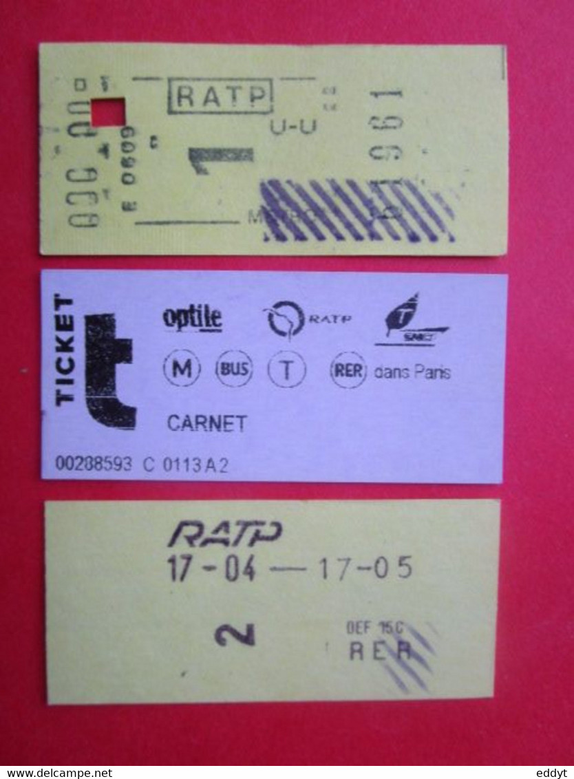 3 TICKETS Métro Autobus RATP SNCF - PARIS - 1°/2° Classe - DIVERS - Couleur JAUNE/MAUVE/JAUNE - TBE - World