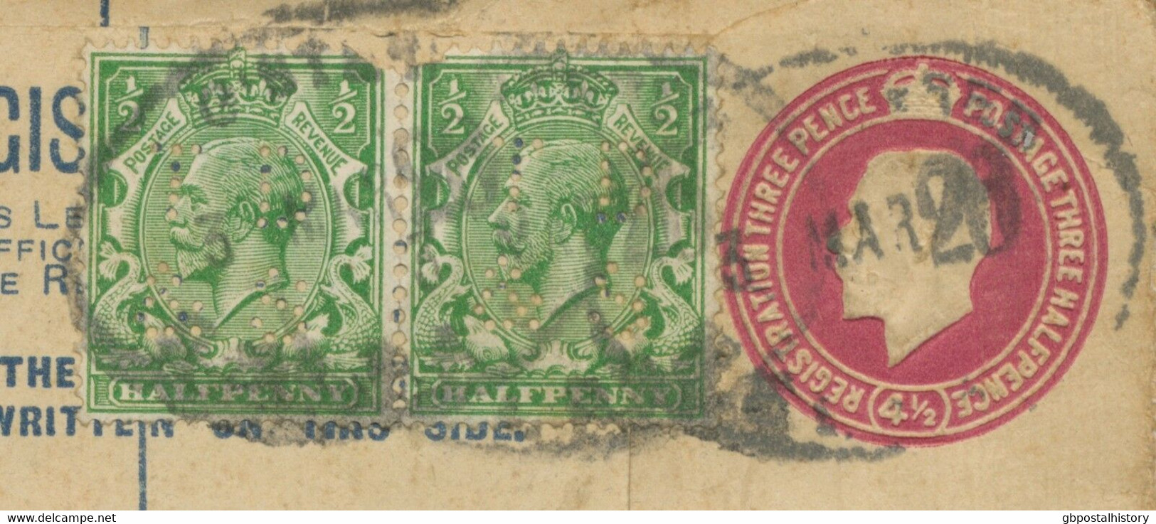 GB 1926 „BELFAST“ Very Fine GV 4 ½d PS Registered Letter Uprated W GV 1/2d (2 X – Rare Perfins: „TD / & S“) To PARIS - Perfin