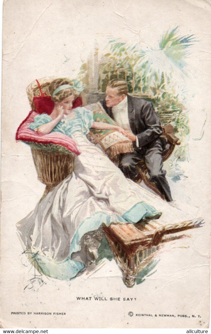 A931-  WHAT WILL SHE SAY ILLUSTRATION HARRISON FISHER SIGNER 1914 USED  VINTAGE POSTCARD - Fisher, Harrison