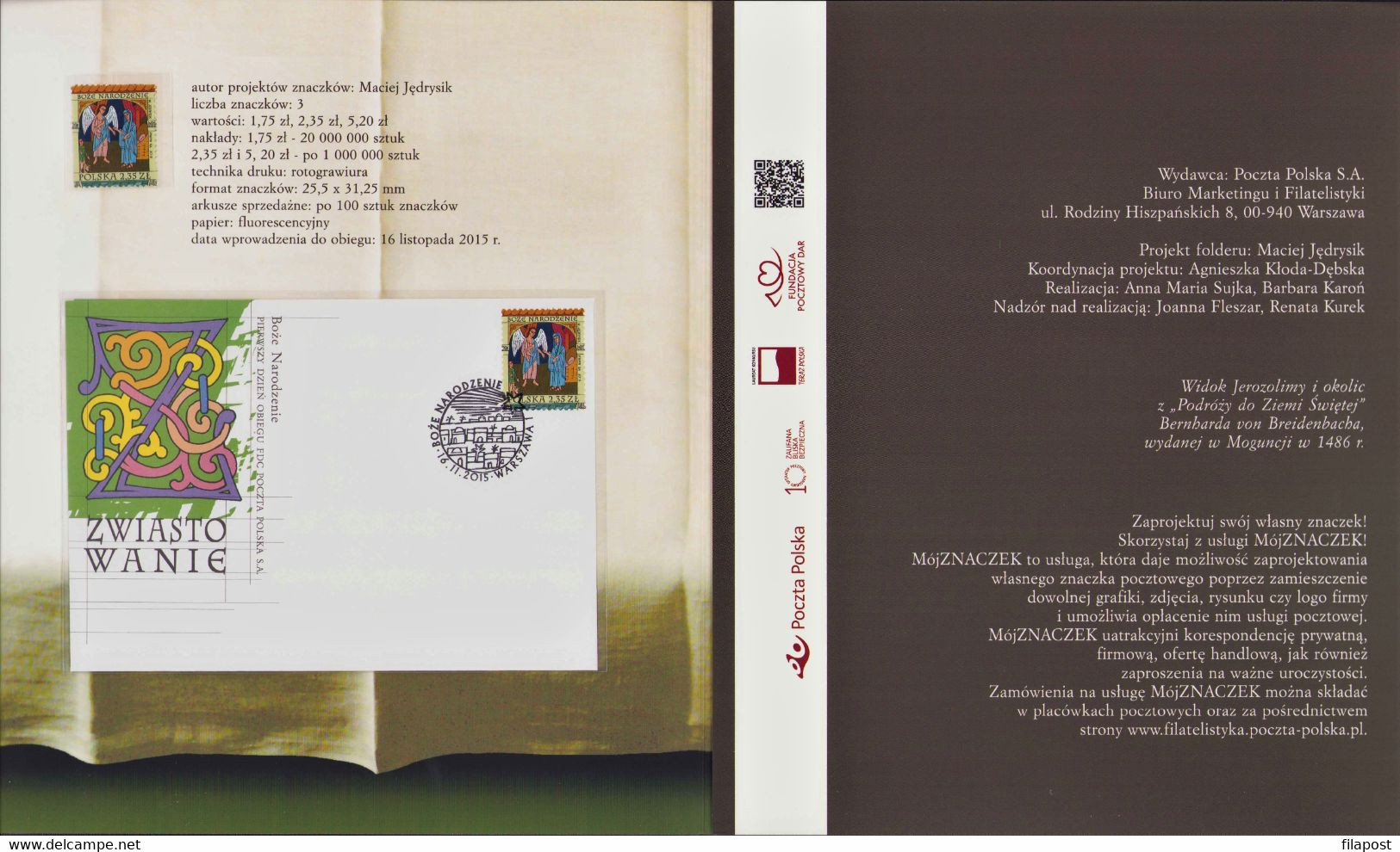 2015 Poland Booklet / Christmas Holy Family In The Nativity Christian Holidays Jerusalem / 3 FDC + 3 Stamps MNH**FV - Postzegelboekjes
