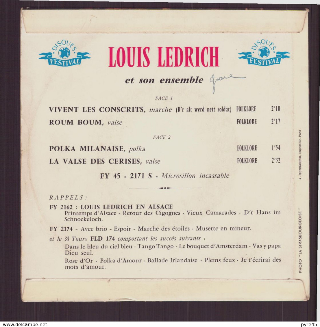 45 T Louis Ledrich " Vivent Les Conscrits + Roum Boum + Polka Milanise + La Valse Des Cerises " - Instrumental