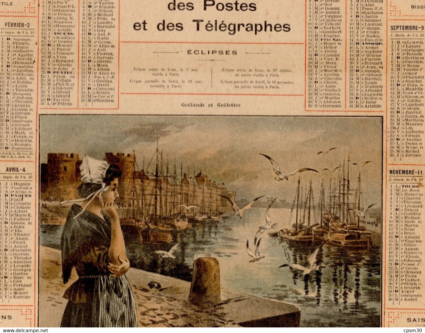 CALENDRIER GF 1920 - Goélands Et Goélettes (??Bretagne??), Imprimeur Oberthur Rennes - Tamaño Grande : 1901-20