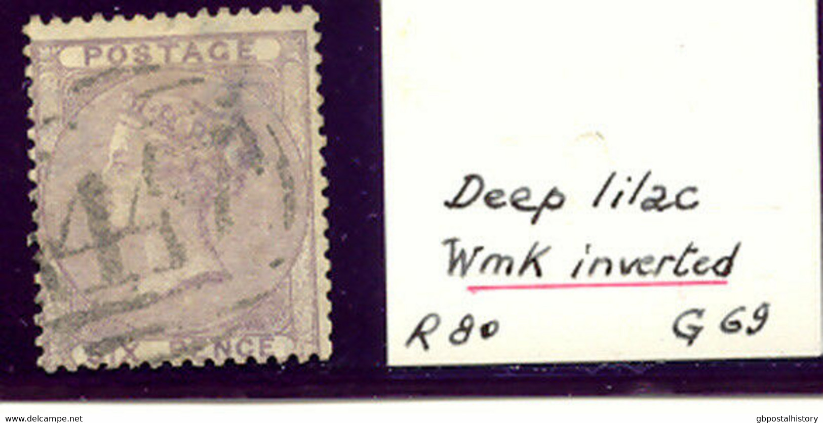 GB 1856 QV 6 D Deep Lilac Wmk. Emblems FU W. Numeral "447" (Leeds) INVERTED WMK - Errors, Freaks & Oddities (EFOs