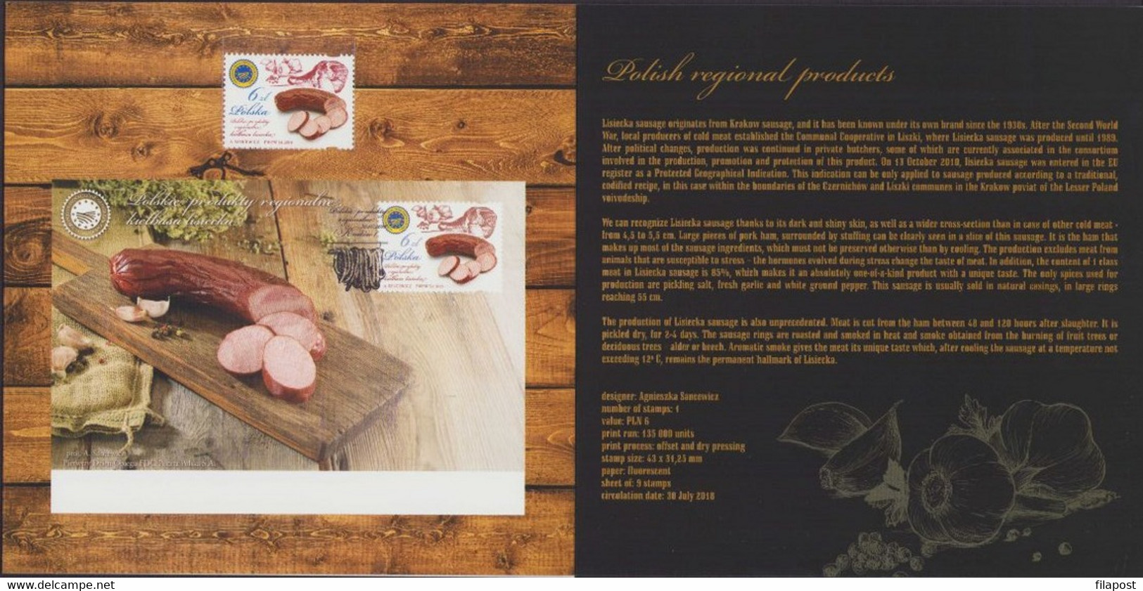 2018 Poland Booklet / Polish Regional Products Lisiecka Sausage DOP DOC, Protected Designation Of Origin / Stamp MNH**FV - Carnets