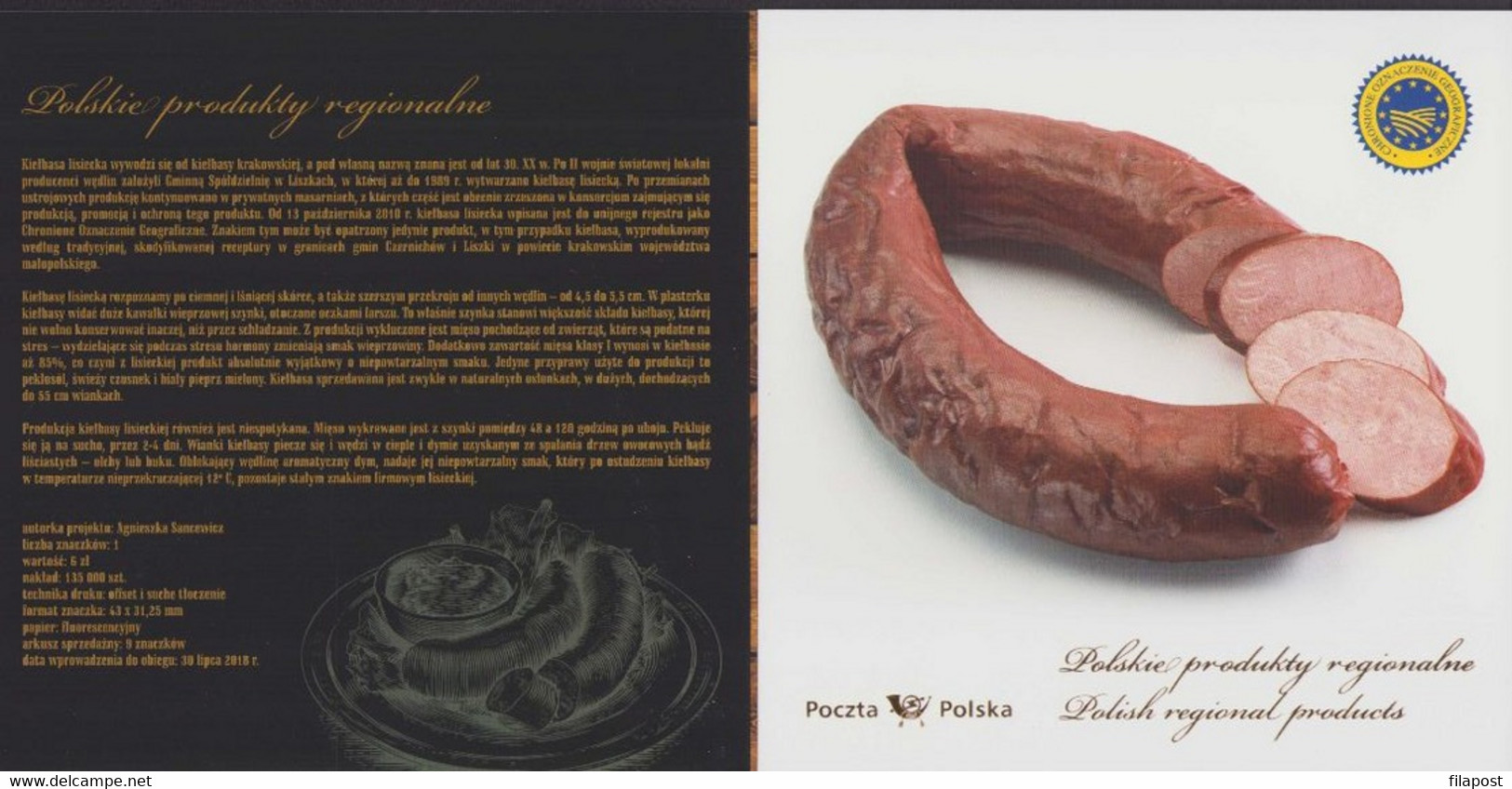 2018 Poland Booklet / Polish Regional Products Lisiecka Sausage DOP DOC, Protected Designation Of Origin / Stamp MNH**FV - Postzegelboekjes