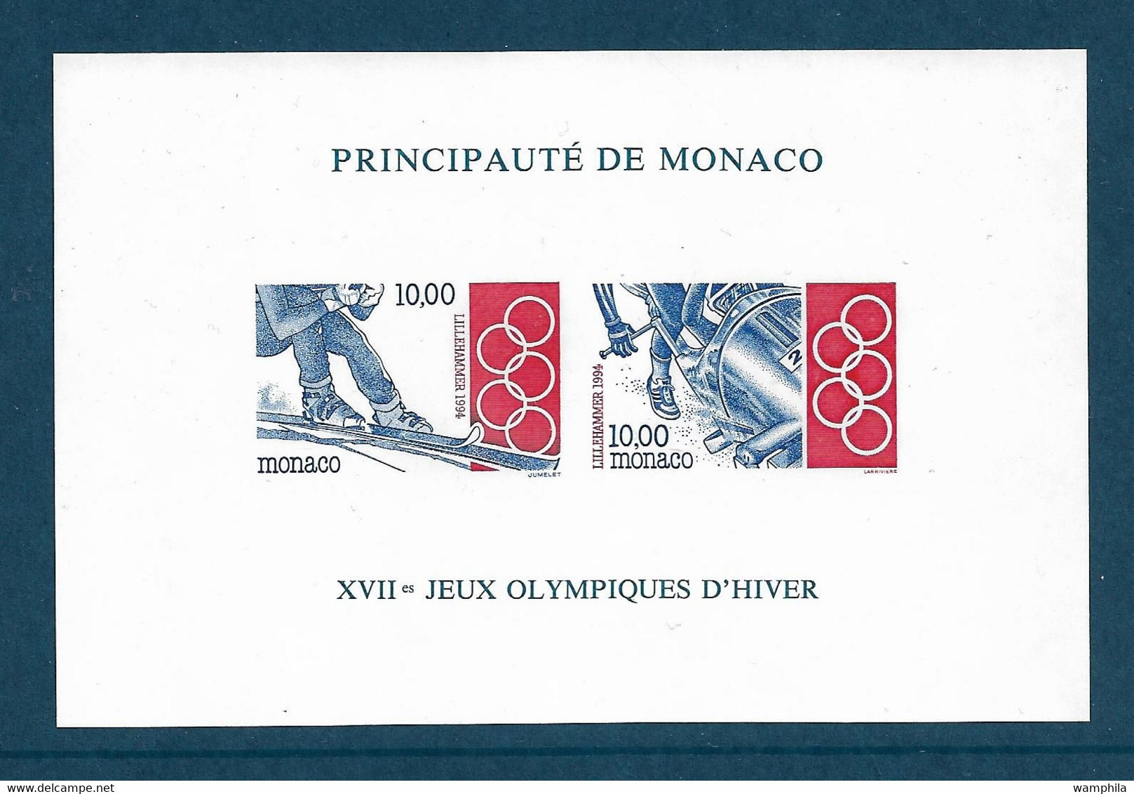 Monaco. Bloc Feuillet N°63a** Non Dentelé. Jeux Olympique D'hiver 1994. Ski, Bobsleigh. Cote 220€. - Winter 1994: Lillehammer