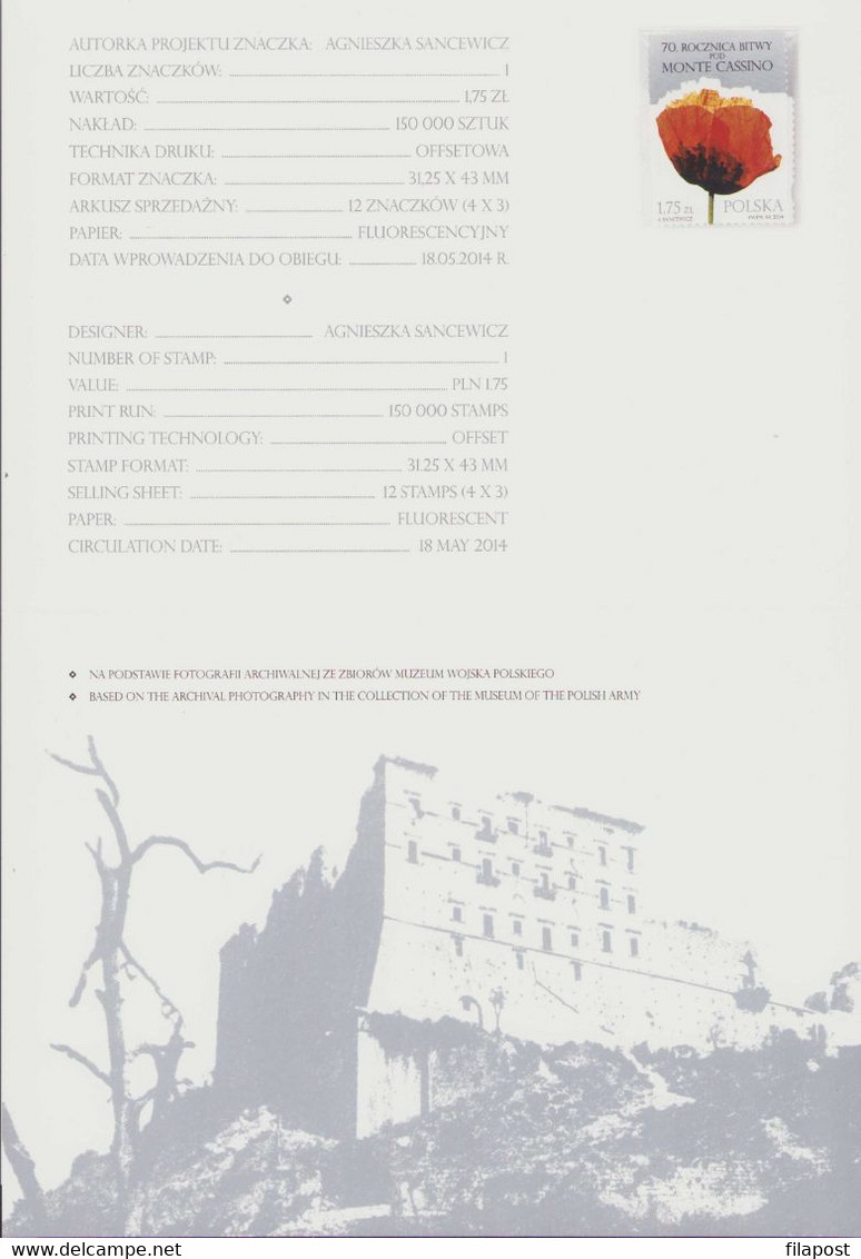 Poland 2014 Souvenir Booklet / The Battle Of Monte Cassino, General Anders, Poppy Flower / FDC + Stamp MNH**FV - Markenheftchen