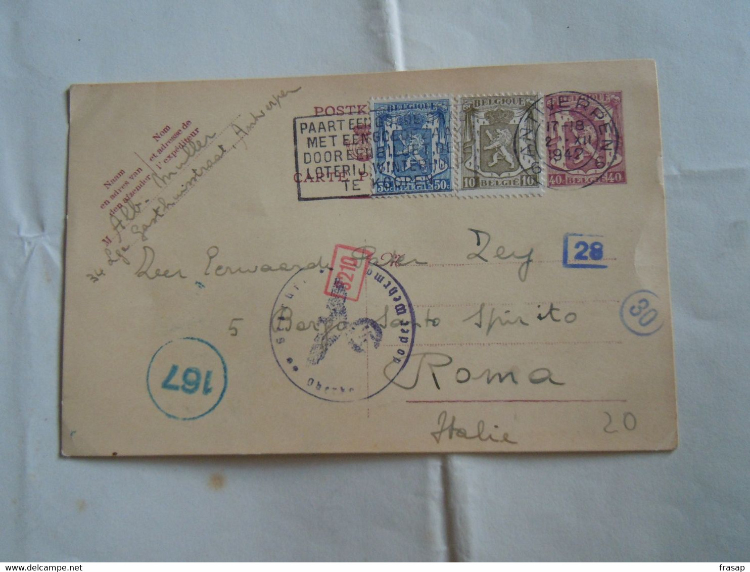 CARTE POSTALE 1942 CENSURE  10C+40+50    E  Vers ITALIA ROME - Other & Unclassified