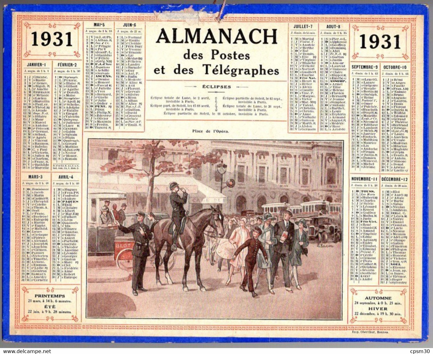 CALENDRIER GF 1931 - Agent De Ville Place De L'Opéra Paris, Imprimeur Oberthur Rennes - Big : 1921-40