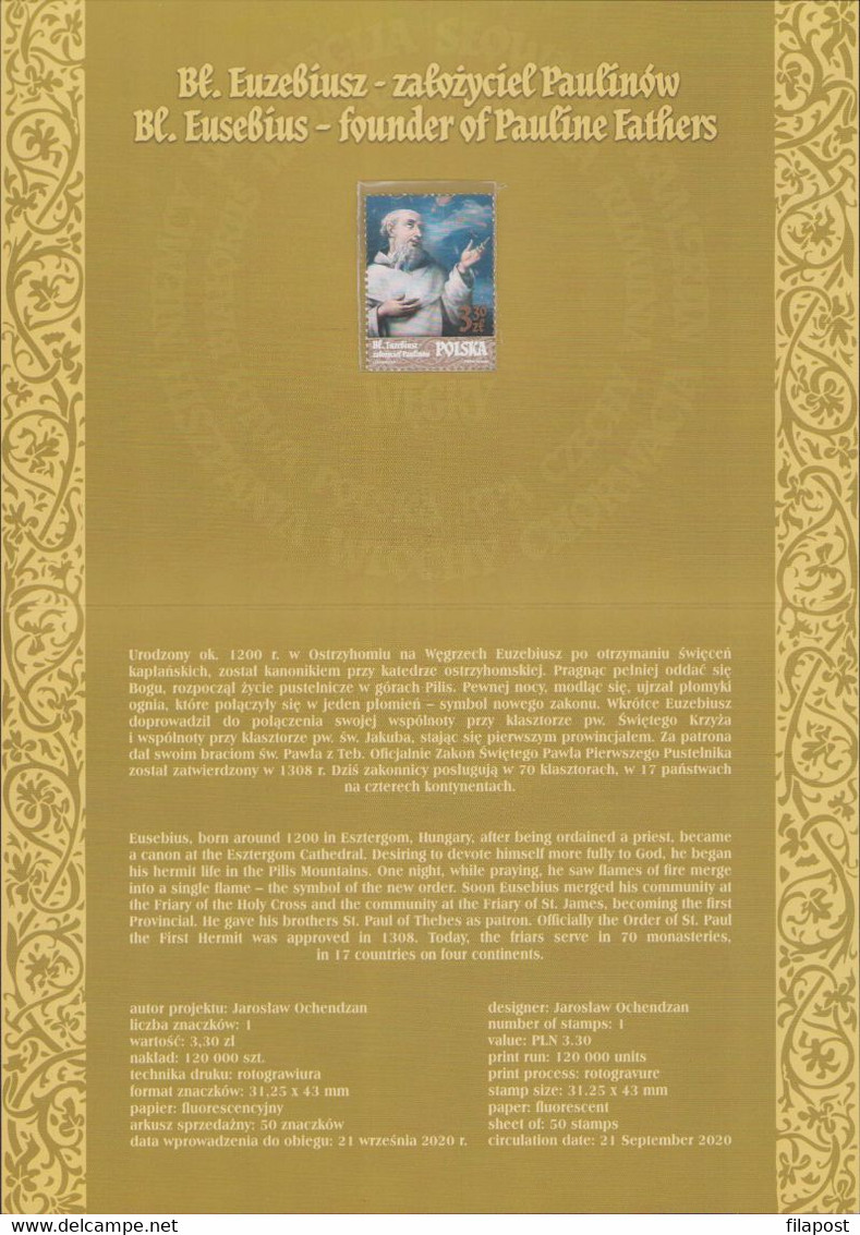 2020 Poland Booklet / ​​​​​​​Blessed Eusebius Esztergom, Hungarian, Hermit, Order Of Saint Paul, Pauline Fathers MNH**FV - Booklets