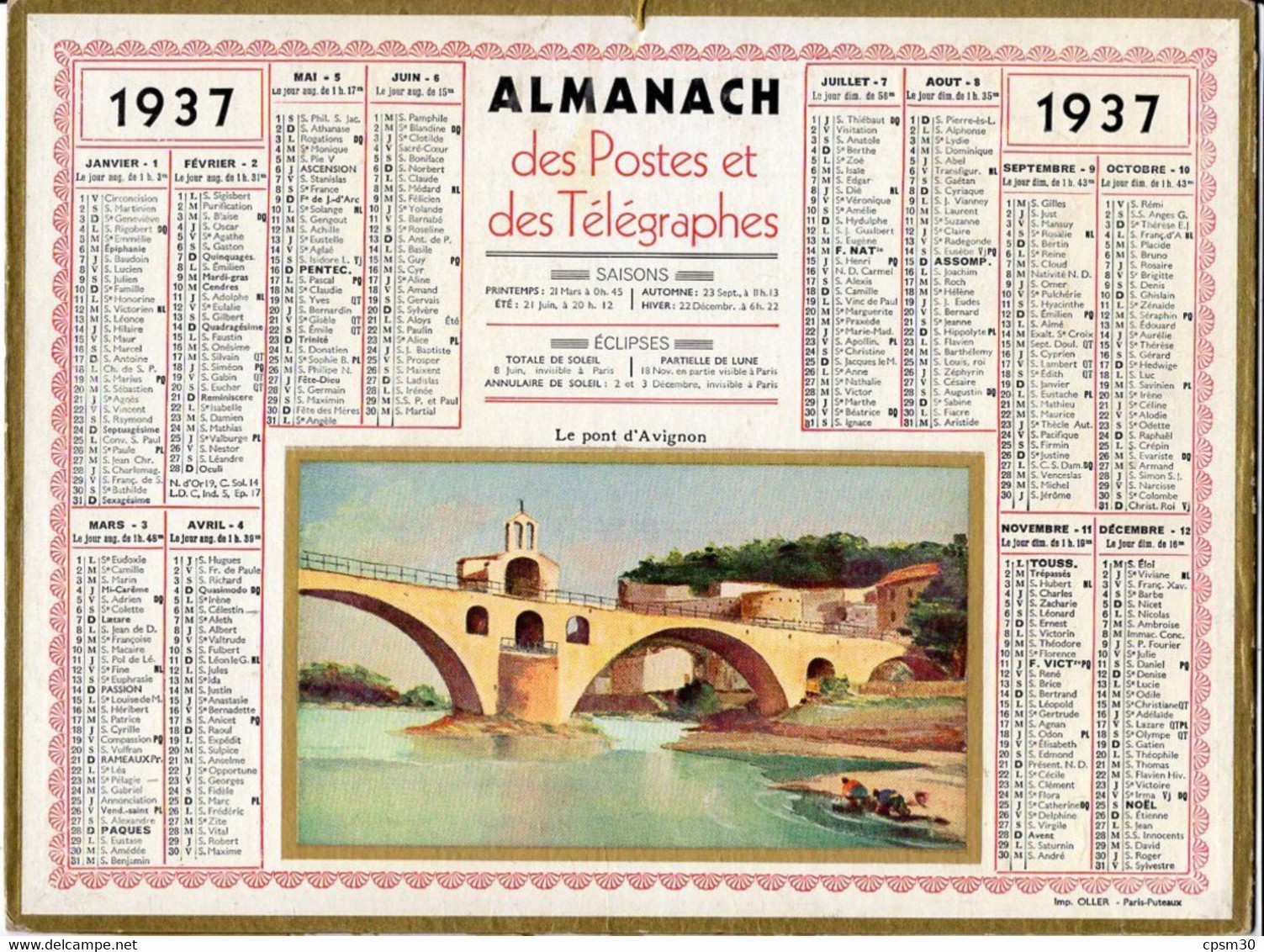 CALENDRIER GF 1937 - Le Pont D'Avignon, Dessin Sans Signature, Imprimeur Oller Puteaux - Big : 1921-40