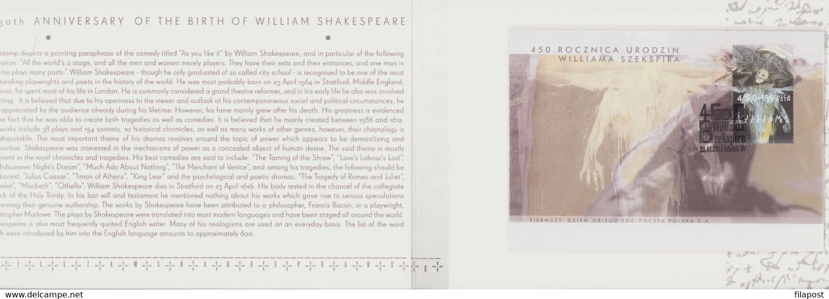 Poland 2014 Booklet / William Shakespeare, English Poet, Playwright, Actor, Art / FDC + Postcard + Stamp MNH**FV - Postzegelboekjes